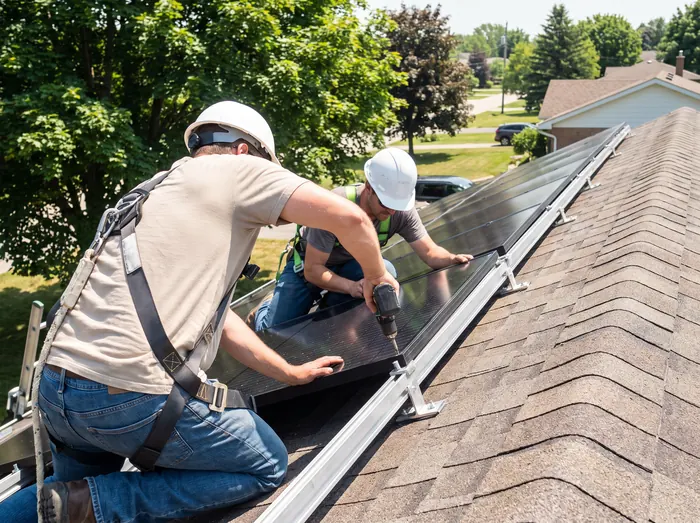 Installers fixing panels to rails on a low shingle roof