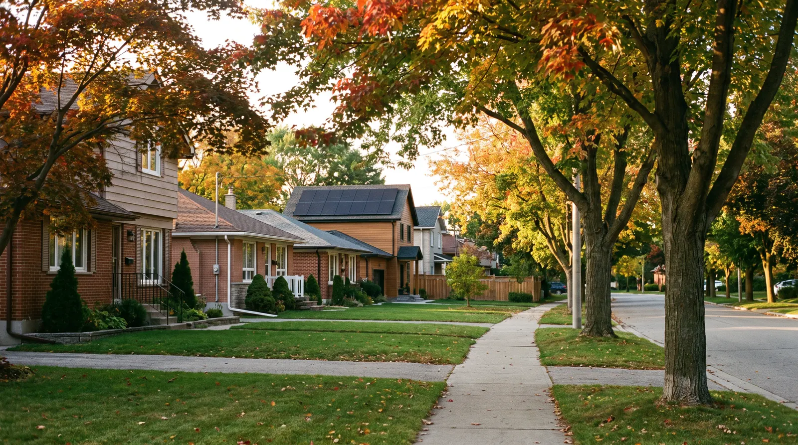 A tree-lined Oakville street of family homes in autumn, one with solar panels on the roof