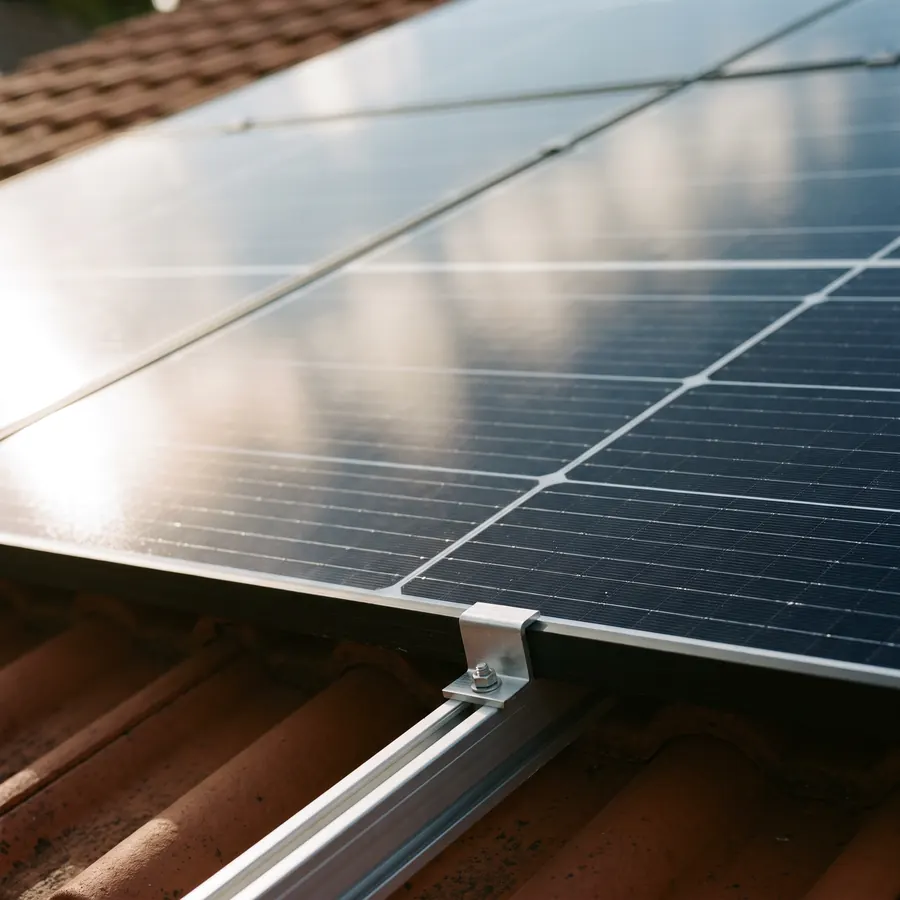 Close view of black solar cells and an aluminium frame catching afternoon light